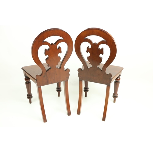 628 - A pair of Victorian mahogany Hall Chairs, each with open work cartouche shaped back above a solid se... 