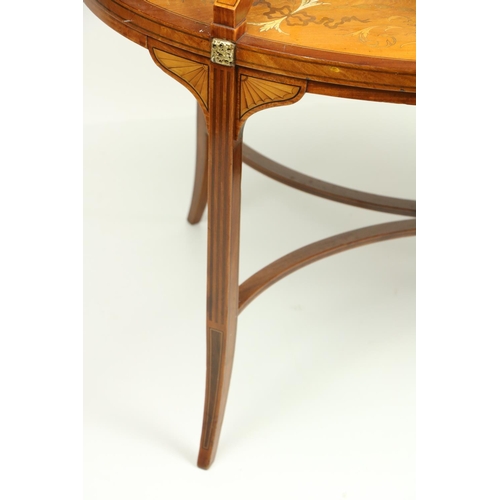 632 - An oval Edwardian two tier marquetry inlaid satinwood Supper Table, the top inlaid with musical trop... 