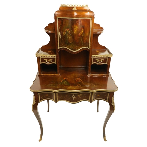 634 - A French Vernet Martin style decorated Bonheur du Jour, early 20th Century, the super structure with... 