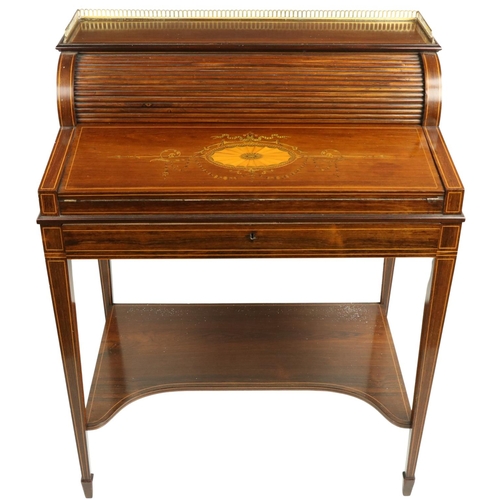 656 - A fine Edwardian rosewood and marquetry inlaid Ladies cylinder Bureau de Dame, with three quarter pi... 