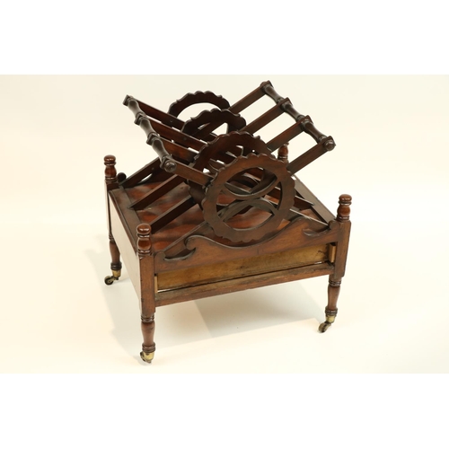 658 - A William IV period mahogany Canterbury, with three X shaped divisions each with turned rails and sh... 