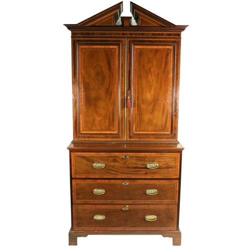 665 - A very fine George III period inlaid mahogany and satinwood banded Secretaire Cabinet, with divided ... 