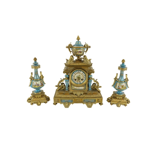 669 - A fine late 19th Century French gilt brass and porcelain three piece Mantle Clock Garniture, compris... 