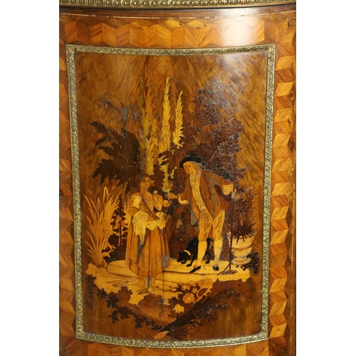 695 - An exceptional pair of late 19th Century French kingwood and marquetry Hanging Corner Cupboards, wit... 