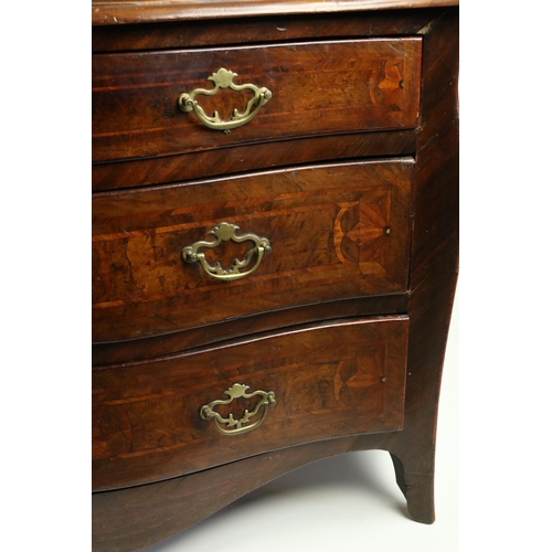 697 - A good 18th Century Continental walnut Commode, of serpentine form, the top with kingwood and satinw... 