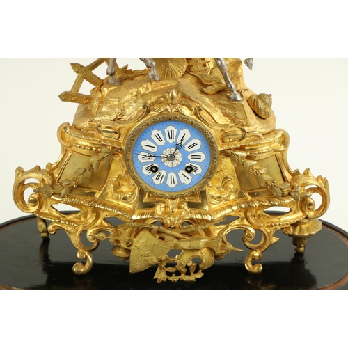 818 - A gilt metal and silvered French Mantle Clock, the top surmounted with a Medieval General in full ar... 