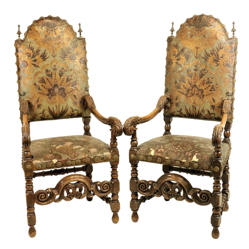 819 - A good pair of 17th Century style high back walnut Throne Chairs, each arched and padded back with t... 