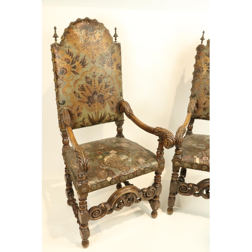 819 - A good pair of 17th Century style high back walnut Throne Chairs, each arched and padded back with t... 