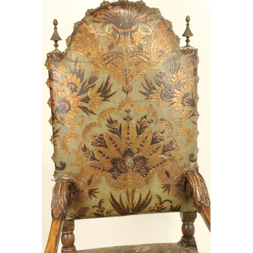 819 - A good pair of 17th Century style high back walnut Throne Chairs, each arched and padded back with t... 