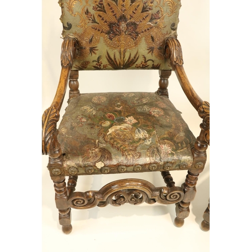 819 - A good pair of 17th Century style high back walnut Throne Chairs, each arched and padded back with t... 