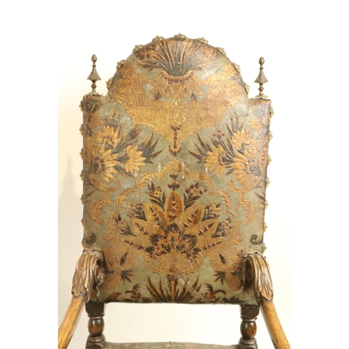 819 - A good pair of 17th Century style high back walnut Throne Chairs, each arched and padded back with t... 