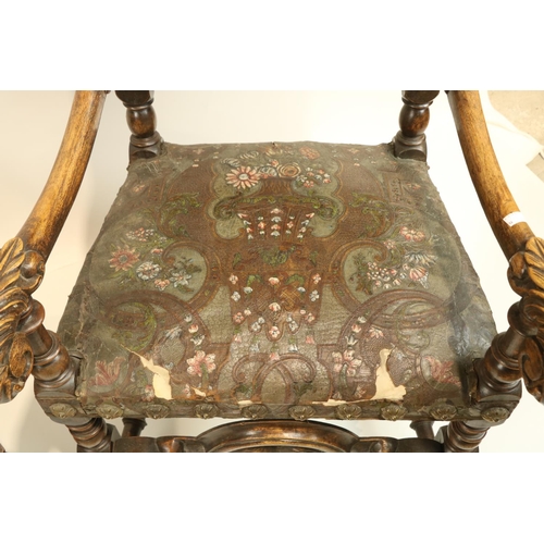 819 - A good pair of 17th Century style high back walnut Throne Chairs, each arched and padded back with t... 