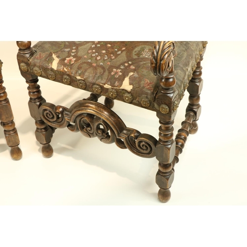 819 - A good pair of 17th Century style high back walnut Throne Chairs, each arched and padded back with t... 