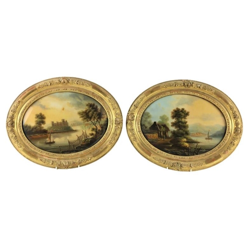 834 - A pair of Victorian oval reverse Paintings on glass, each depicting a landscape with figures, 23cms ... 