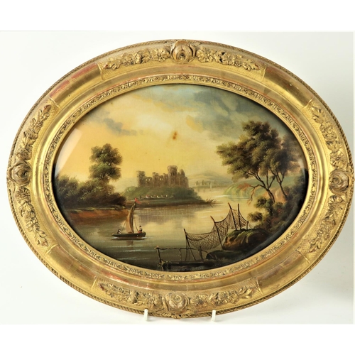 834 - A pair of Victorian oval reverse Paintings on glass, each depicting a landscape with figures, 23cms ... 