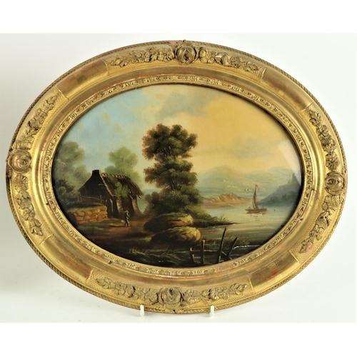 834 - A pair of Victorian oval reverse Paintings on glass, each depicting a landscape with figures, 23cms ... 