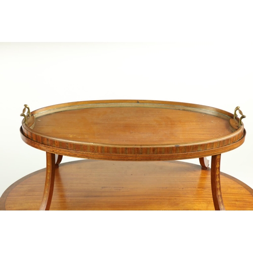 836 - An attractive oval satinwood and mahogany banded inlaid two tier Supper Table, the top with a lift o... 