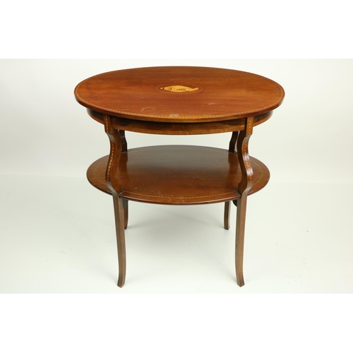 837 - A two tier oval Edwardian inlaid mahogany Occasional Table, with shaped legs and stretcher shelf, 71... 