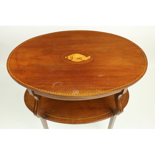 837 - A two tier oval Edwardian inlaid mahogany Occasional Table, with shaped legs and stretcher shelf, 71... 