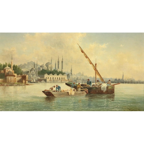 842 - William Raymond Dommerson (1850 - 1927)'Fishing Boats off Istanbul,' O.O.C., indistinctly signed low... 