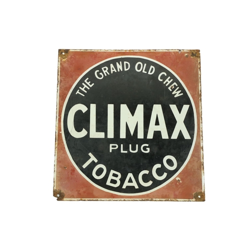 A Vintage style enamel Advertisement Sign for 'The Grand Old Chew Climax  Plug Tobacco,' worn and pie