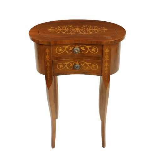 643 - A small kidney shaped walnut and marquetry Table En-Chiffonier, 20th Century with two drawers n cabr... 