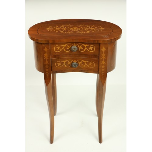 643 - A small kidney shaped walnut and marquetry Table En-Chiffonier, 20th Century with two drawers n cabr... 