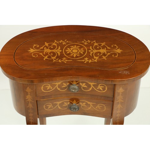 643 - A small kidney shaped walnut and marquetry Table En-Chiffonier, 20th Century with two drawers n cabr... 