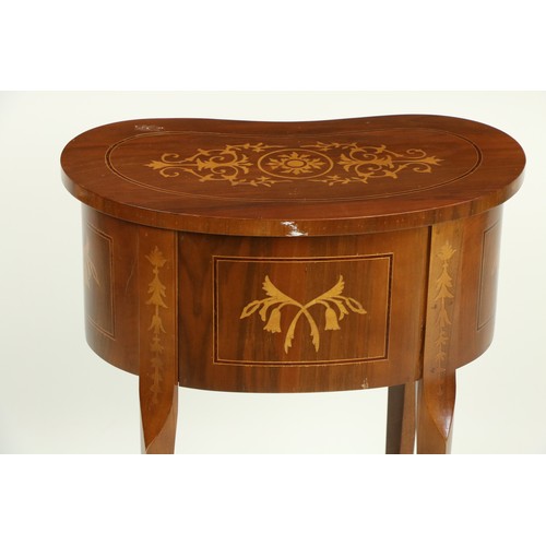 643 - A small kidney shaped walnut and marquetry Table En-Chiffonier, 20th Century with two drawers n cabr... 