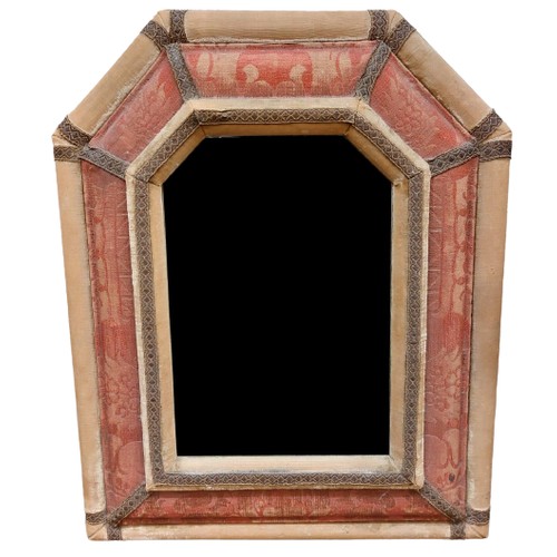 706 - An Elizabethan style cushioned framed Mirror, with arched type mirror and padded frame, approx. 60cm... 