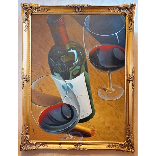 384 - French School (XX-XXI)A very large Still Life, 'Bottle of Chateau Nénin and two poured glasses on a ... 