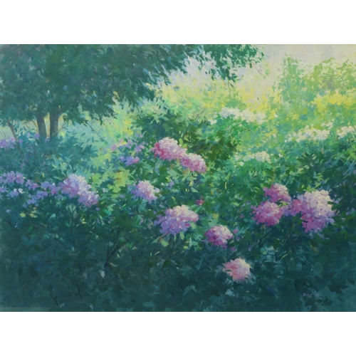 305 - Brett McEntagart, RHA, ( b.1939)‘Purple Hydrangea’, oils on canvas, a large Garden View, approx. 61c... 