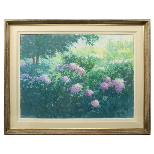 305 - Brett McEntagart, RHA, ( b.1939)‘Purple Hydrangea’, oils on canvas, a large Garden View, approx. 61c... 