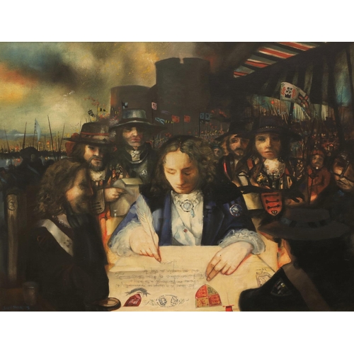 318 - John Shinnors (b.1950) c. 1991“Patrick Sarsfield Signing the Treaty of Limerick,” oils on canvas, Si... 