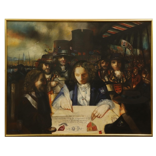 318 - John Shinnors (b.1950) c. 1991“Patrick Sarsfield Signing the Treaty of Limerick,” oils on canvas, Si... 