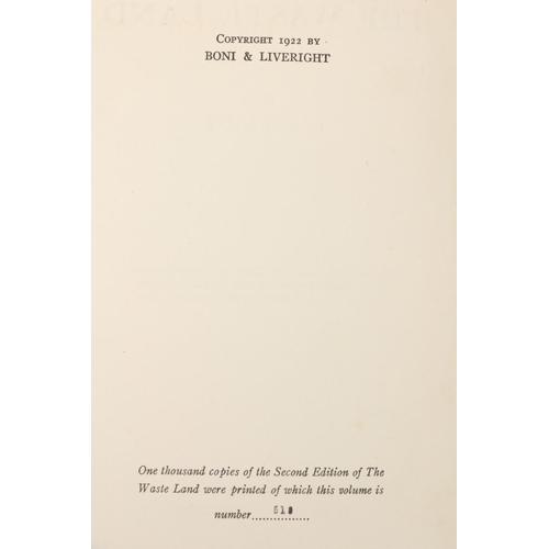 25 - Rare Limited Second EditionEliot (T.S.) The Waste Land, 8vo New York (Boni and Liveright) 1922. No. ... 