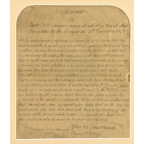 617 - Testimonial from Grateful Passengers, 1876  Manuscript: A Testimonial to J.J. Tighe, M.D., Ship... 