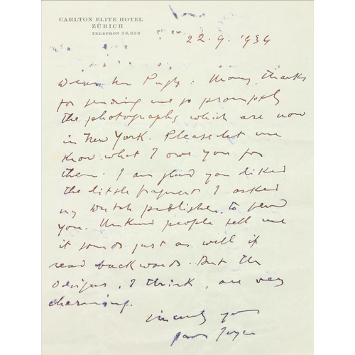 649 - 'Goes on Just as Well if Read Backwards'Joyce (James) Autograph Letter Signed to 'Dear Mr [Thomas] P... 