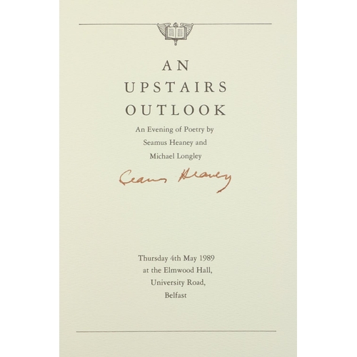 713 - Heaney (Seamus)  An Upstairs Outlook, 8vo Belfast 1989. First Edn., Signed; ... 