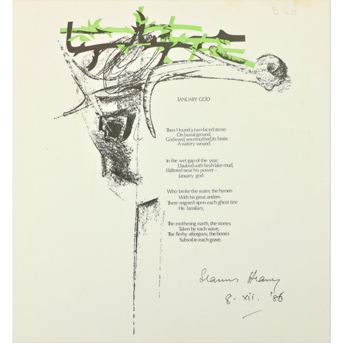 715 - Heaney (Seamus) January God, broadside, single page, Belfast (N.I. Arts Council) 1972, sig... 