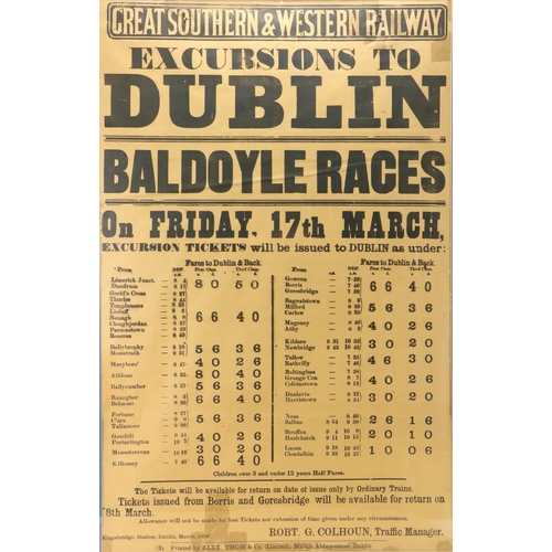 1060 - Racing & Railwayana: Poster: Great Southern & Western Railway, - Excursions to Dublin, Baldo... 