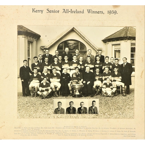 1123 - G.A.A.:  Photograph, Kerry Senior Football Winners, 1939, with printed names and additional overlaid... 