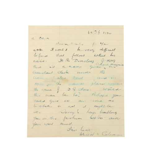 580 - Collins (Michael).  ALS dated 6 Feb. 1920 to ‘A Chara’, on lined paper.  &lsqu... 