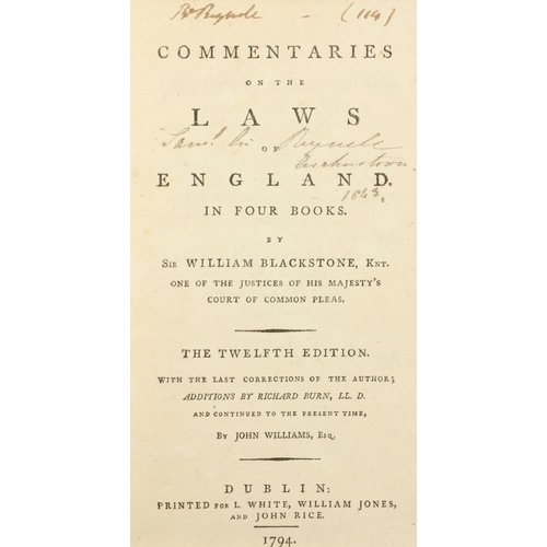 109 - Blackstone (Sir Wm.) Commentaries on the Laws of England, 4 vols. Sm. 8vo Dublin (For L. White, Wm. ... 