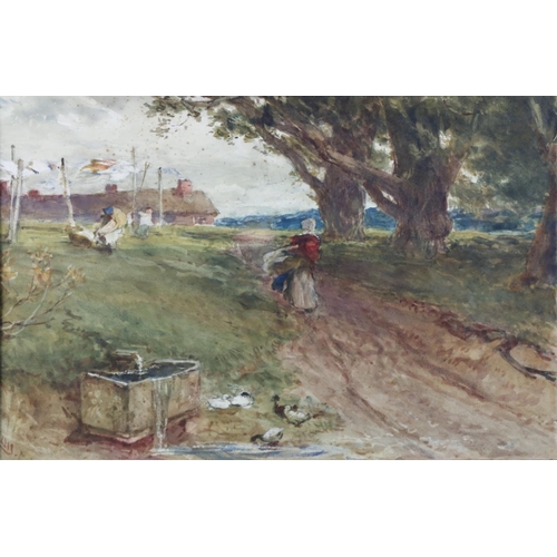 11 - G. Ellis 'Windy Day, N. Wales,' watercolour, attractive landscape with lady carrying day's washing n... 