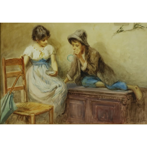 12 - Leonardo Morello, Italian (1858-1917)'Blowing Bubbles,' watercolour, Interior Scene with Young Boy a... 