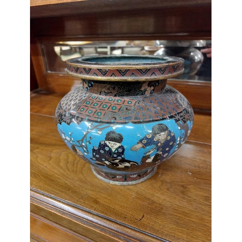21 - A 19th Century cloisonné Bowl, decorated with fish and flowers with noble figures in typical attire,... 