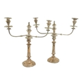 A fine early pair of Sheffield silver plated two branch Candelabra, each with scrolling arms and urn... 