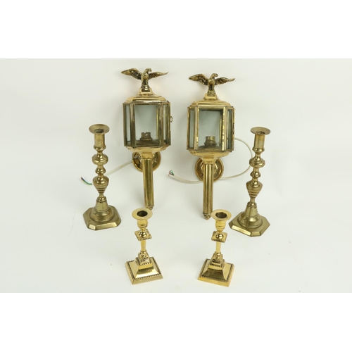 28 - A good pair of brass Wall Lights, in the form of carriage lamps, each of octagonal form with eagle f... 
