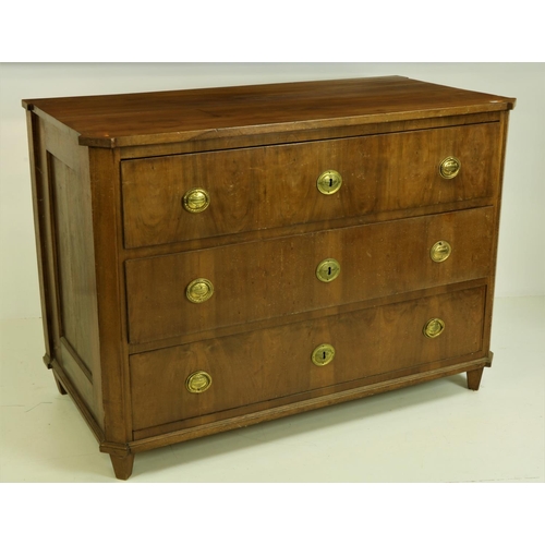 56 - A 19th Century Continental mahogany and walnut Chest of drawers, with canted corners, the three larg... 